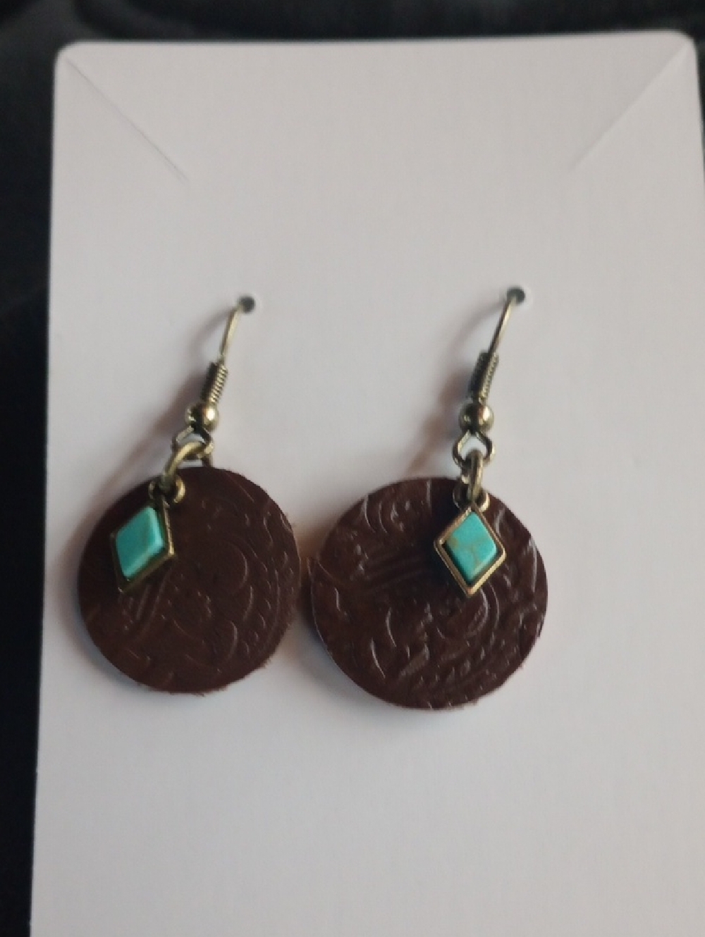 Hand Crafted Brown Disc Earrings with Turquoise Accent
